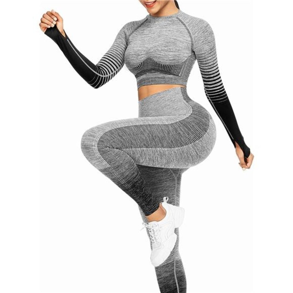 2 Piece Yoga Outfits High Waist Seamless Leggings and Long Sleeve Crop Top